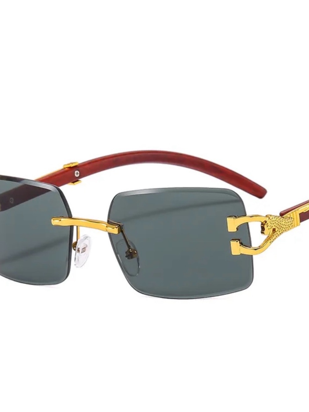 Men's / Women's Rimless Rectangle Sunglasses Gold Accents Wood Temples